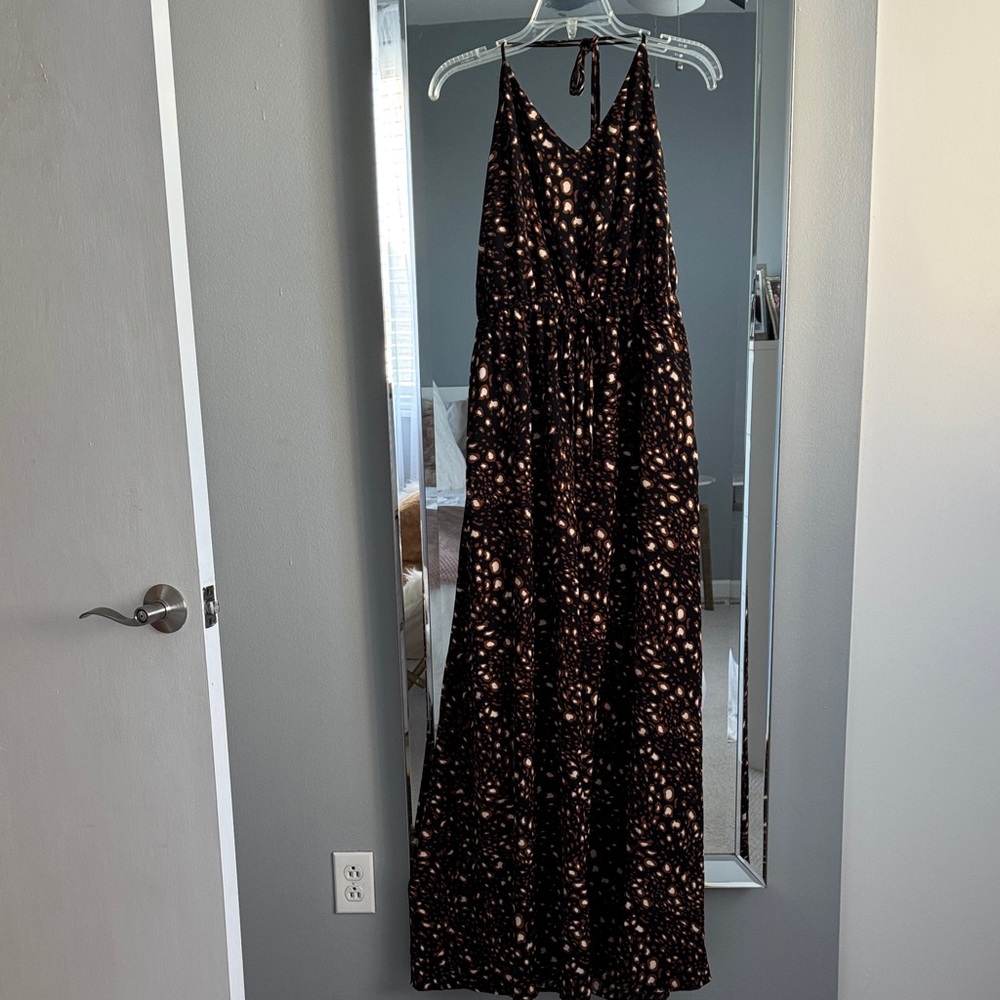 Mod Black and Brown Patterned Maxi jumpsuit with pockets. L